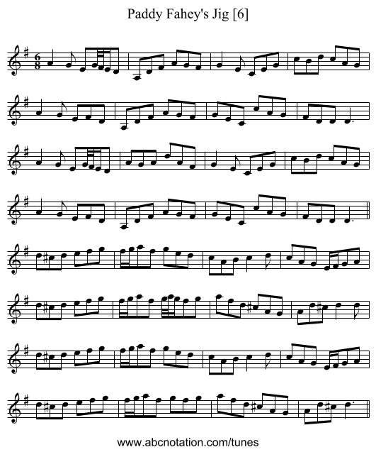Paddy Fahey's Jig [6] - staff notation