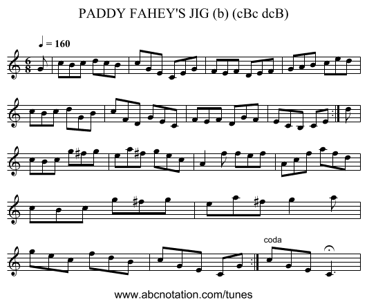 PADDY FAHEY'S JIG (b) (cBc dcB) - staff notation