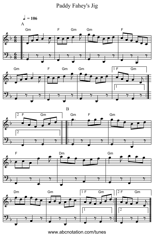 Paddy Fahey's Jig - staff notation