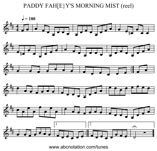 PADDY FAH[E}Y'S MORNING MIST (reel) - staff notation