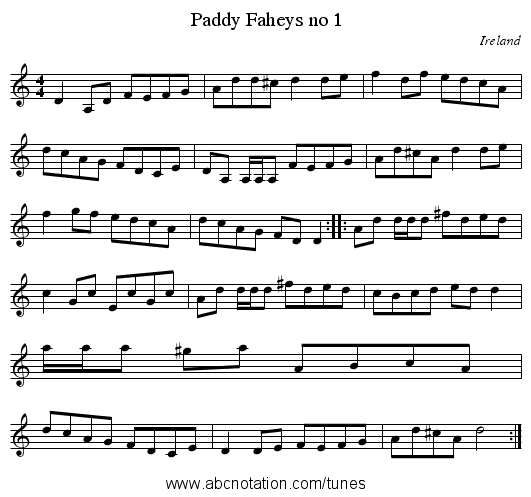 Paddy Faheys no 1 - staff notation