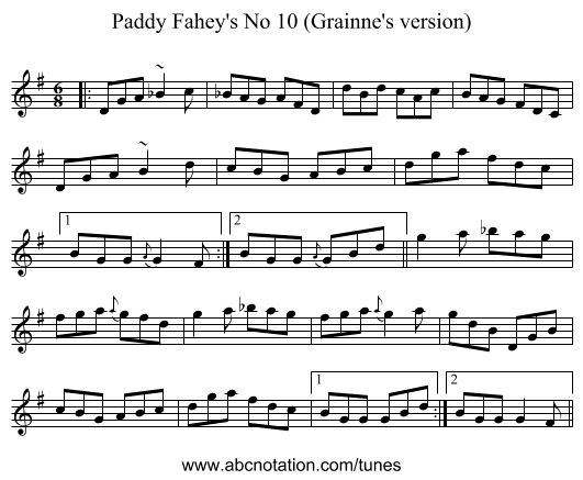 Paddy Fahey's No 10 (Grainne's version) - staff notation