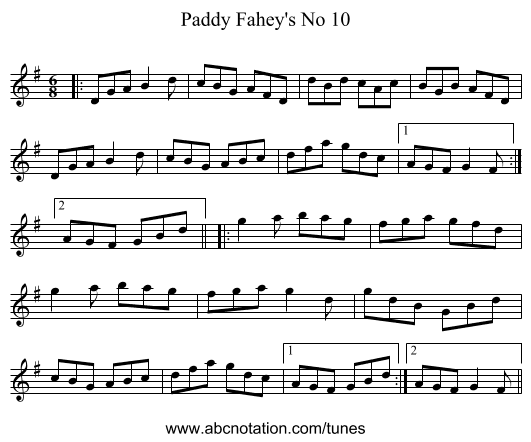 Paddy Fahey's No 10 - staff notation