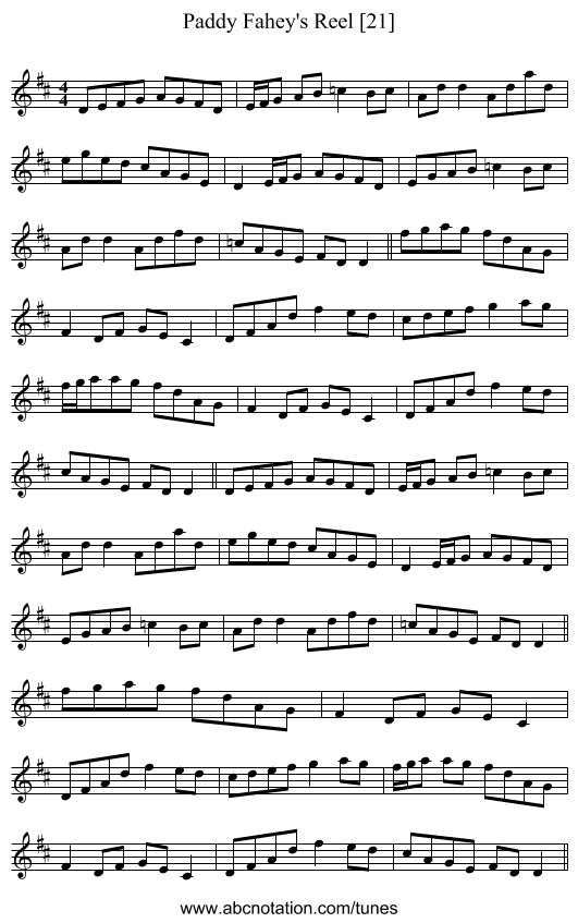 Paddy Fahey's Reel [21] - staff notation