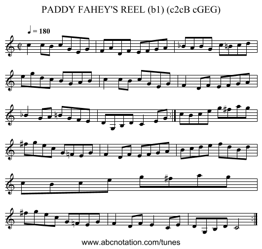 PADDY FAHEY'S REEL (b1) (c2cB cGEG) - staff notation