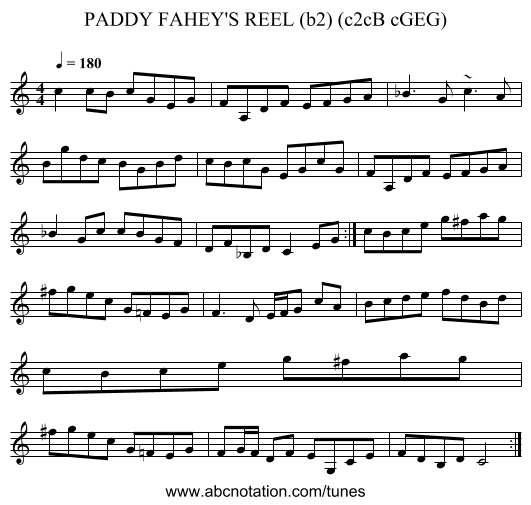 PADDY FAHEY'S REEL (b2) (c2cB cGEG) - staff notation