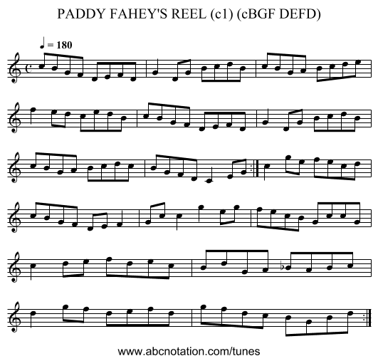 PADDY FAHEY'S REEL (c1) (cBGF DEFD) - staff notation