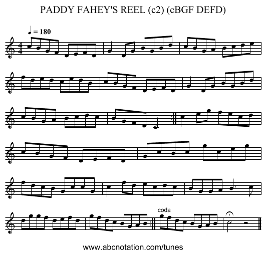 PADDY FAHEY'S REEL (c2) (cBGF DEFD) - staff notation