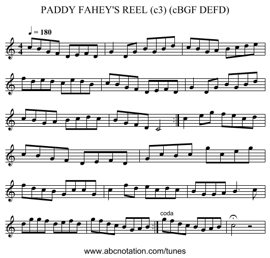 PADDY FAHEY'S REEL (c3) (cBGF DEFD) - staff notation