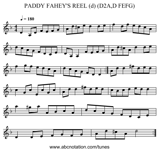 PADDY FAHEY'S REEL (d) (D2A,D FEFG) - staff notation