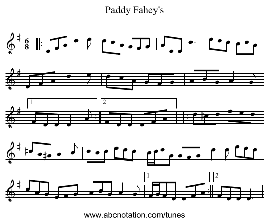 Paddy Fahey's - staff notation