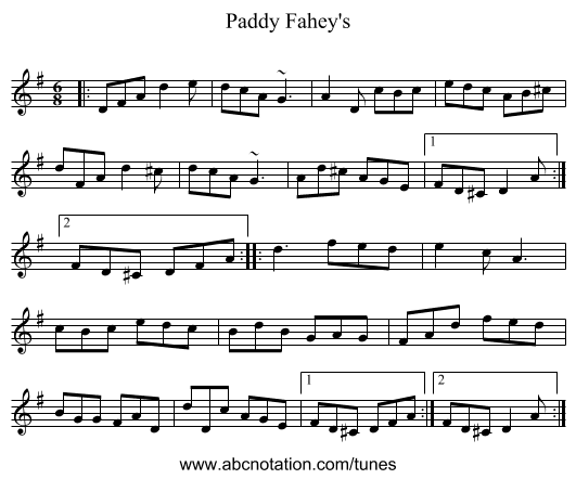 Paddy Fahey's - staff notation