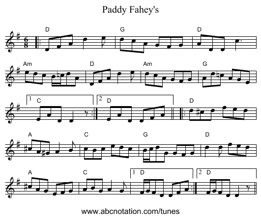 Paddy Fahey's - staff notation