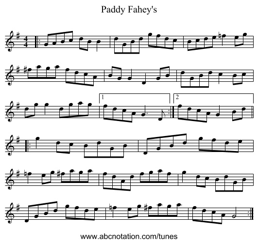Paddy Fahey's - staff notation