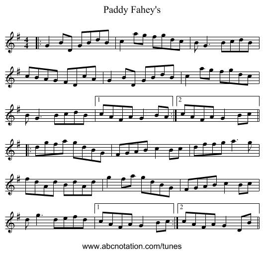 Paddy Fahey's - staff notation