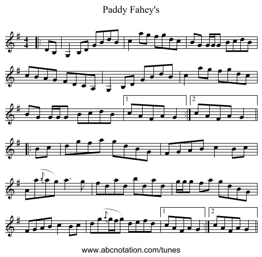 Paddy Fahey's - staff notation