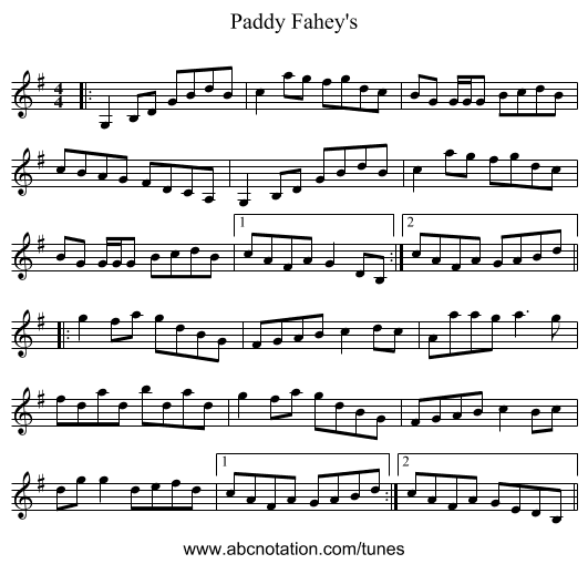 Paddy Fahey's - staff notation
