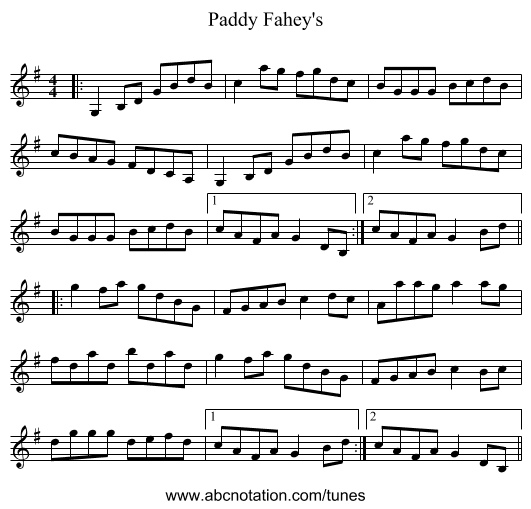 Paddy Fahey's - staff notation