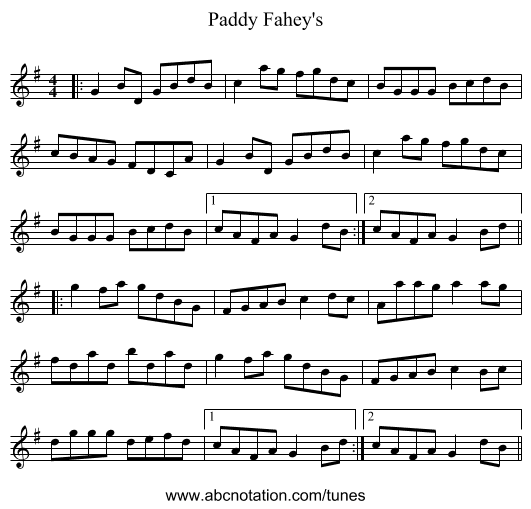 Paddy Fahey's - staff notation