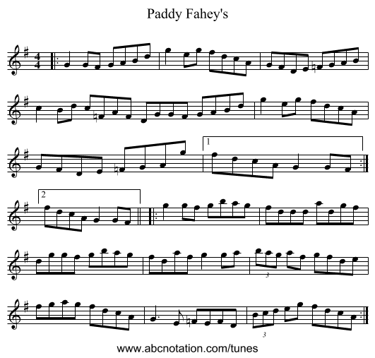 Paddy Fahey's - staff notation