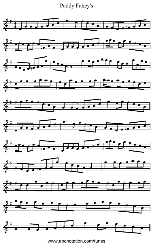 Paddy Fahey's - staff notation