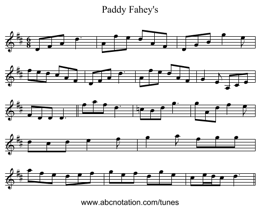 Paddy Fahey's - staff notation