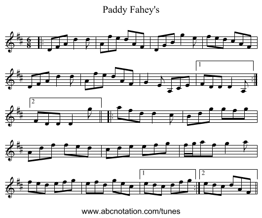 Paddy Fahey's - staff notation
