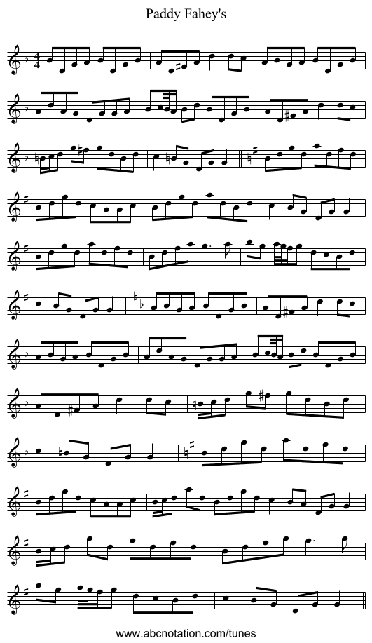 Paddy Fahey's - staff notation