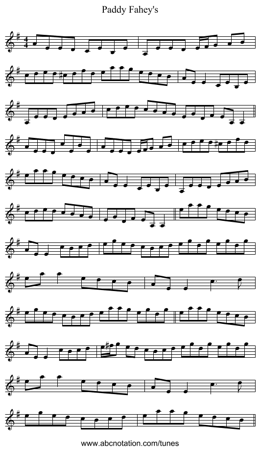 Paddy Fahey's - staff notation