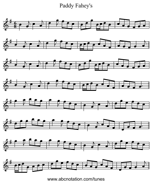Paddy Fahey's - staff notation