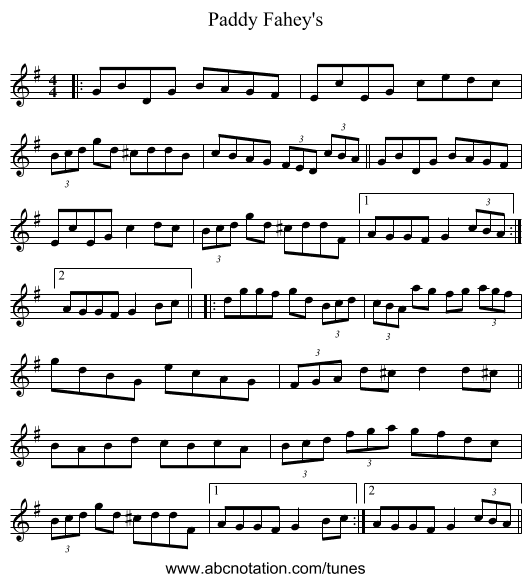 Paddy Fahey's - staff notation