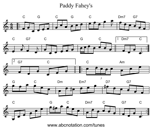 Paddy Fahey's - staff notation