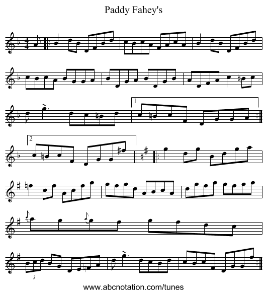 Paddy Fahey's - staff notation