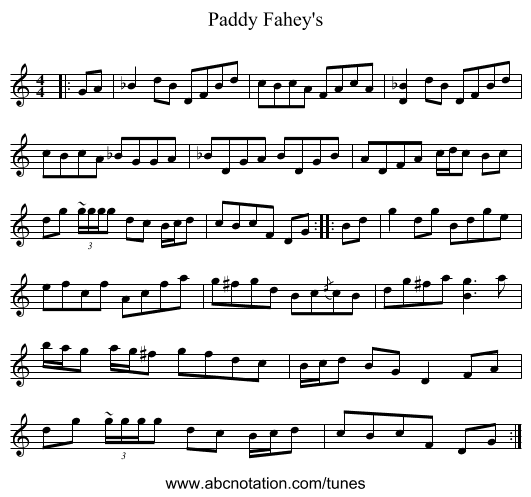 Paddy Fahey's - staff notation