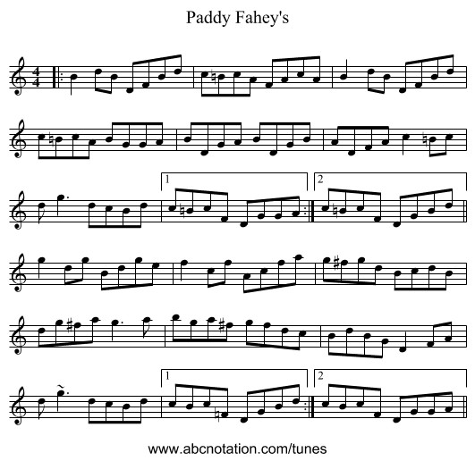 Paddy Fahey's - staff notation