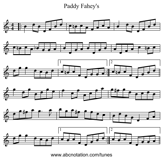 Paddy Fahey's - staff notation