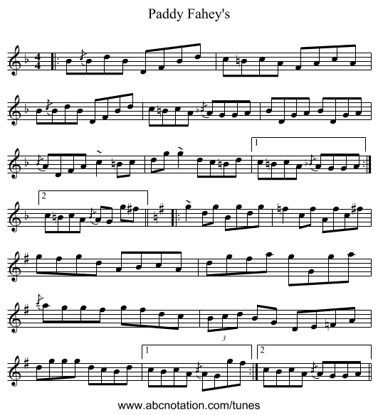 Paddy Fahey's - staff notation