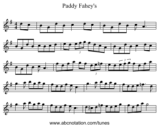 Paddy Fahey's - staff notation