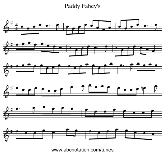 Paddy Fahey's - staff notation