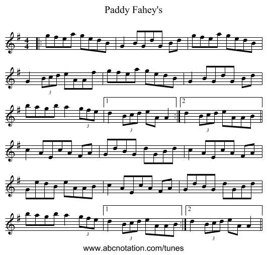 Paddy Fahey's - staff notation