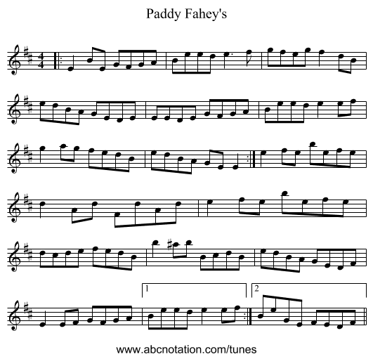 Paddy Fahey's - staff notation