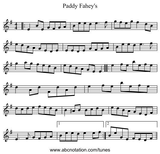 Paddy Fahey's - staff notation