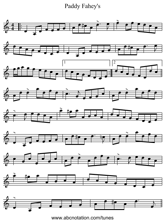 Paddy Fahey's - staff notation