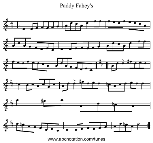 Paddy Fahey's - staff notation