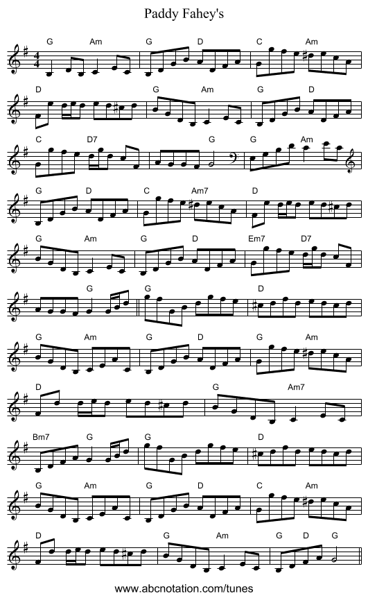 Paddy Fahey's - staff notation
