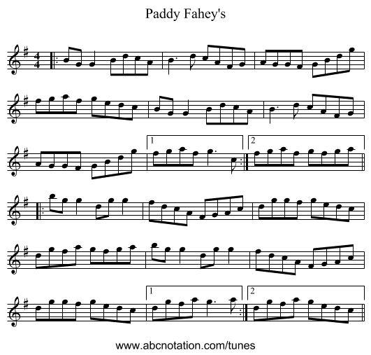 Paddy Fahey's - staff notation