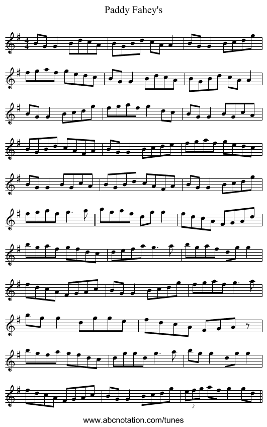 Paddy Fahey's - staff notation