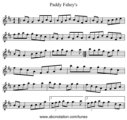 Paddy Fahey's - staff notation