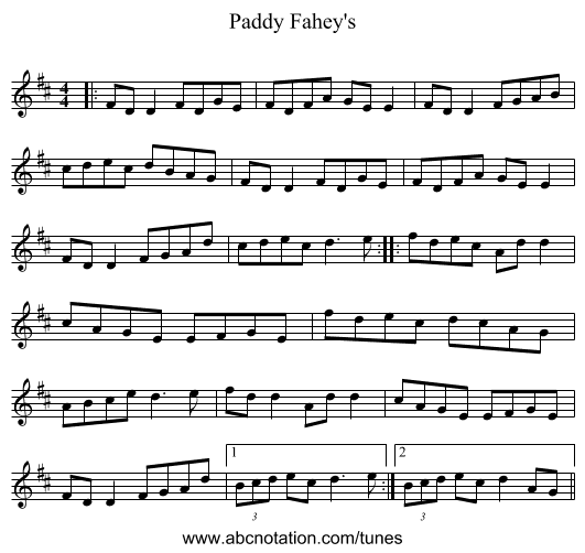 Paddy Fahey's - staff notation