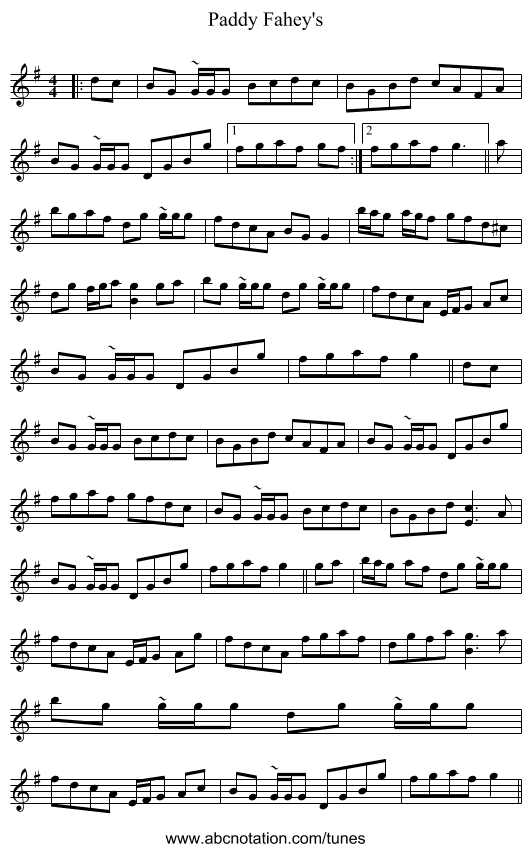 Paddy Fahey's - staff notation